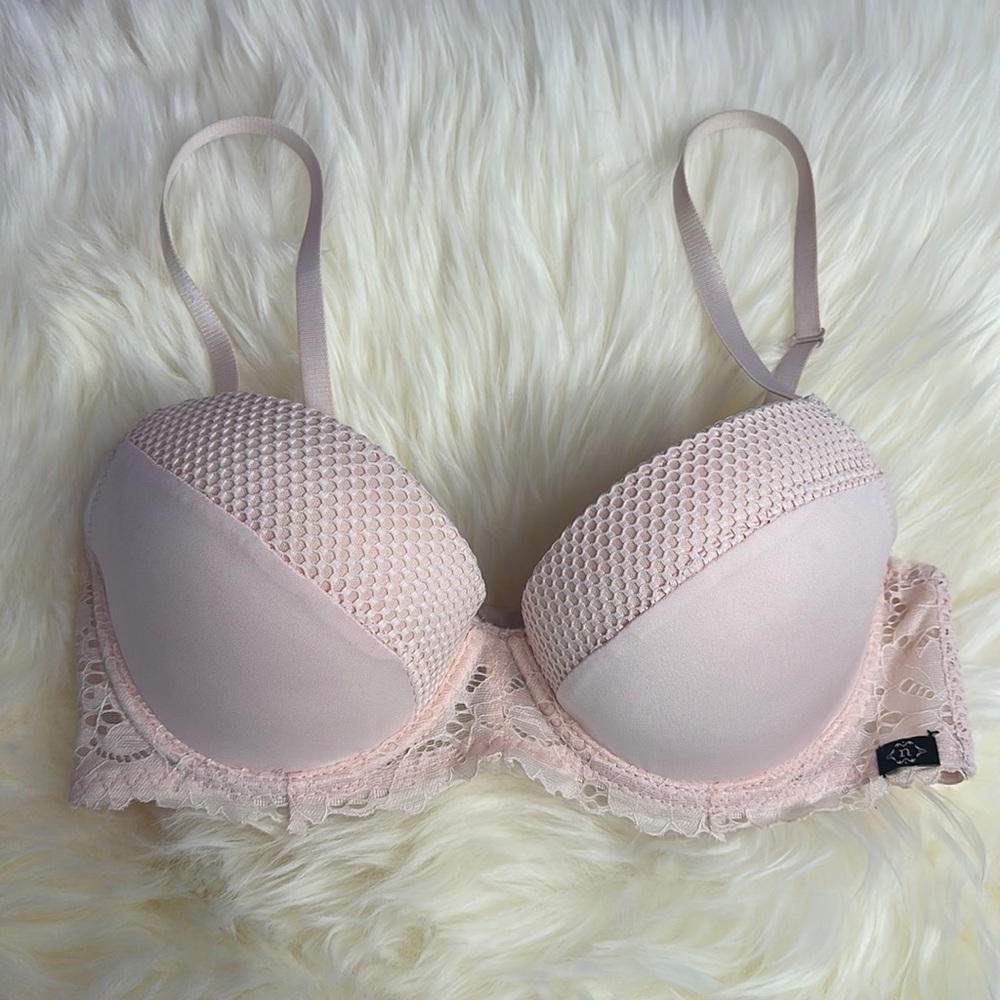 Nanette Lepore padded push-up bra pink mesh lace 34C convertible racerback EUC